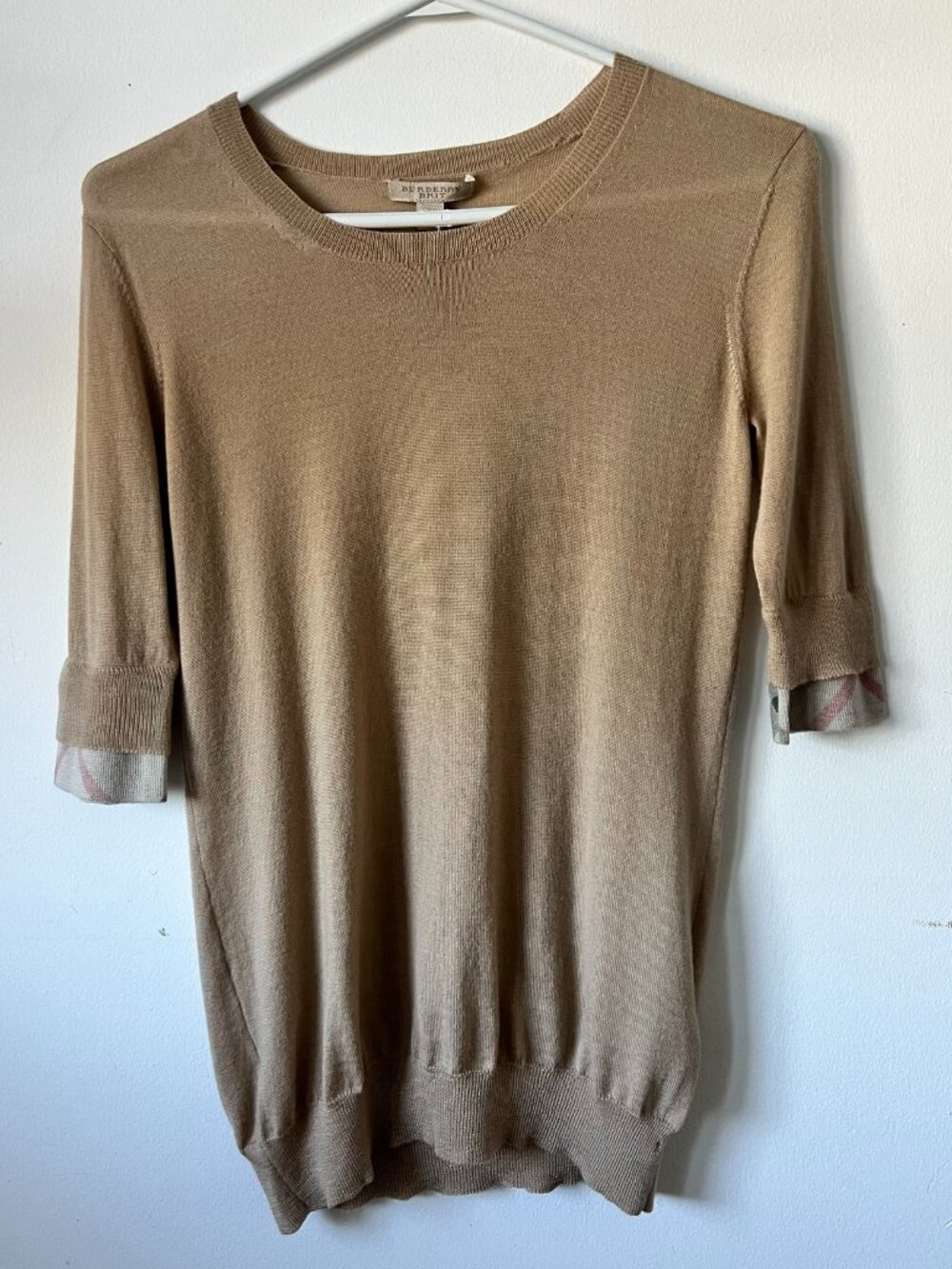 Burberry Tan 3/4 Sleeve Merino Wool Knit Sweater Plaid Cuffs Small